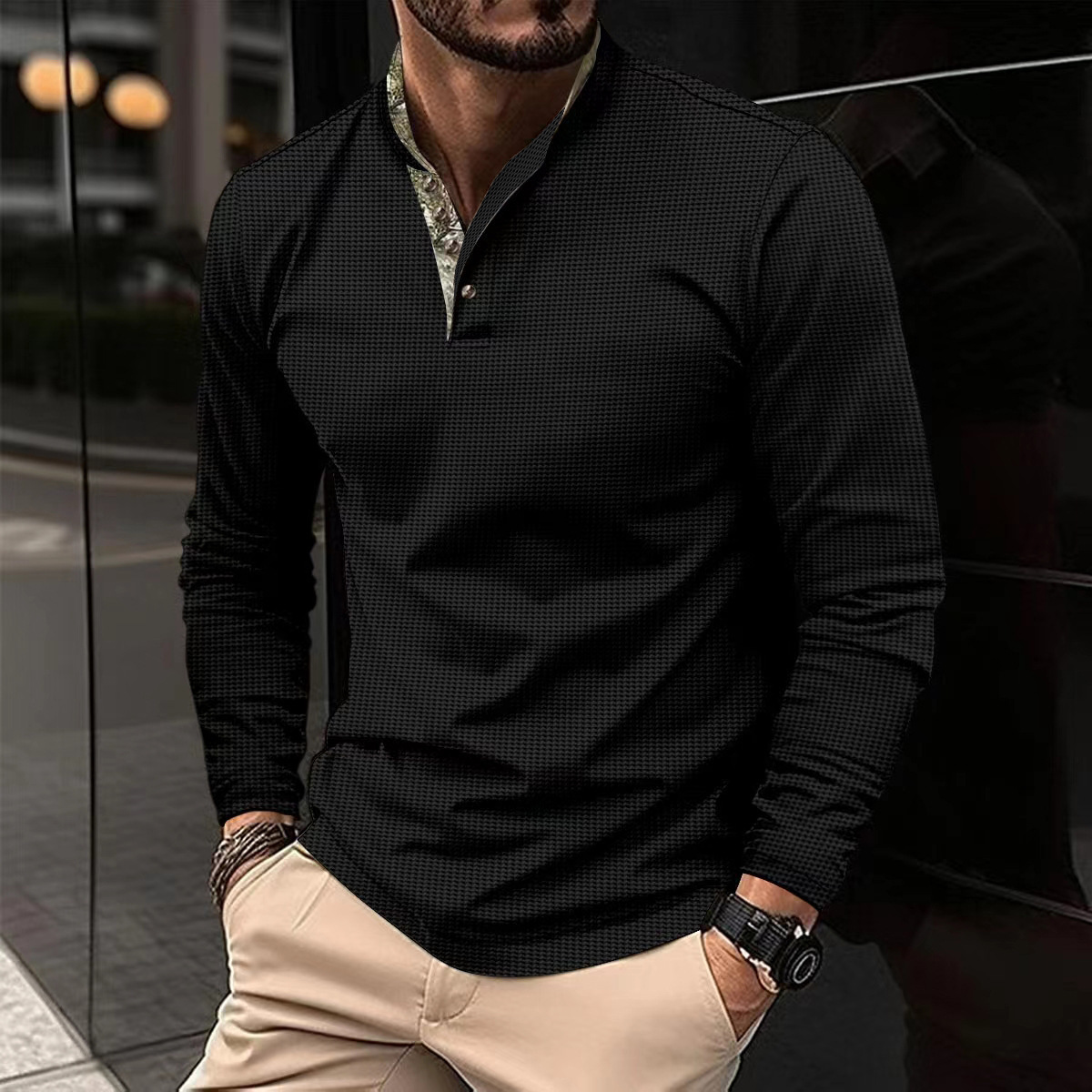 Herren Polo Shirt Langarm Rundhalsausschnitt Waffelstruktur_voghion.com