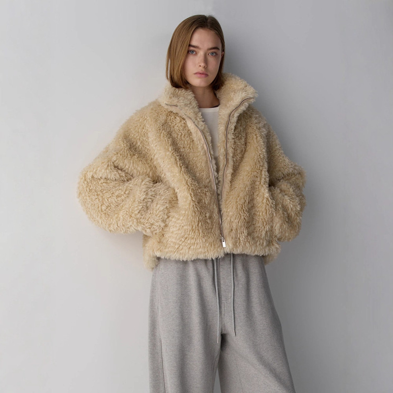 Facade Pattern Fur Integrated Plush Coat for Women Korean Style Solid Color Simple Fur Jacket Top