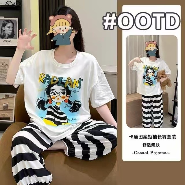 Pantalones a rayas de manga corta de dibujos animados dulces primavera y verano nuevos pijamas mujeres coreanas se pueden usar lindos trajes de verano para el hogar image 55