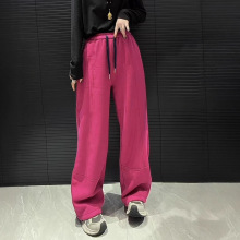 新款韩版时尚宽松休闲松紧腰加绒显瘦简约休闲直筒长裤