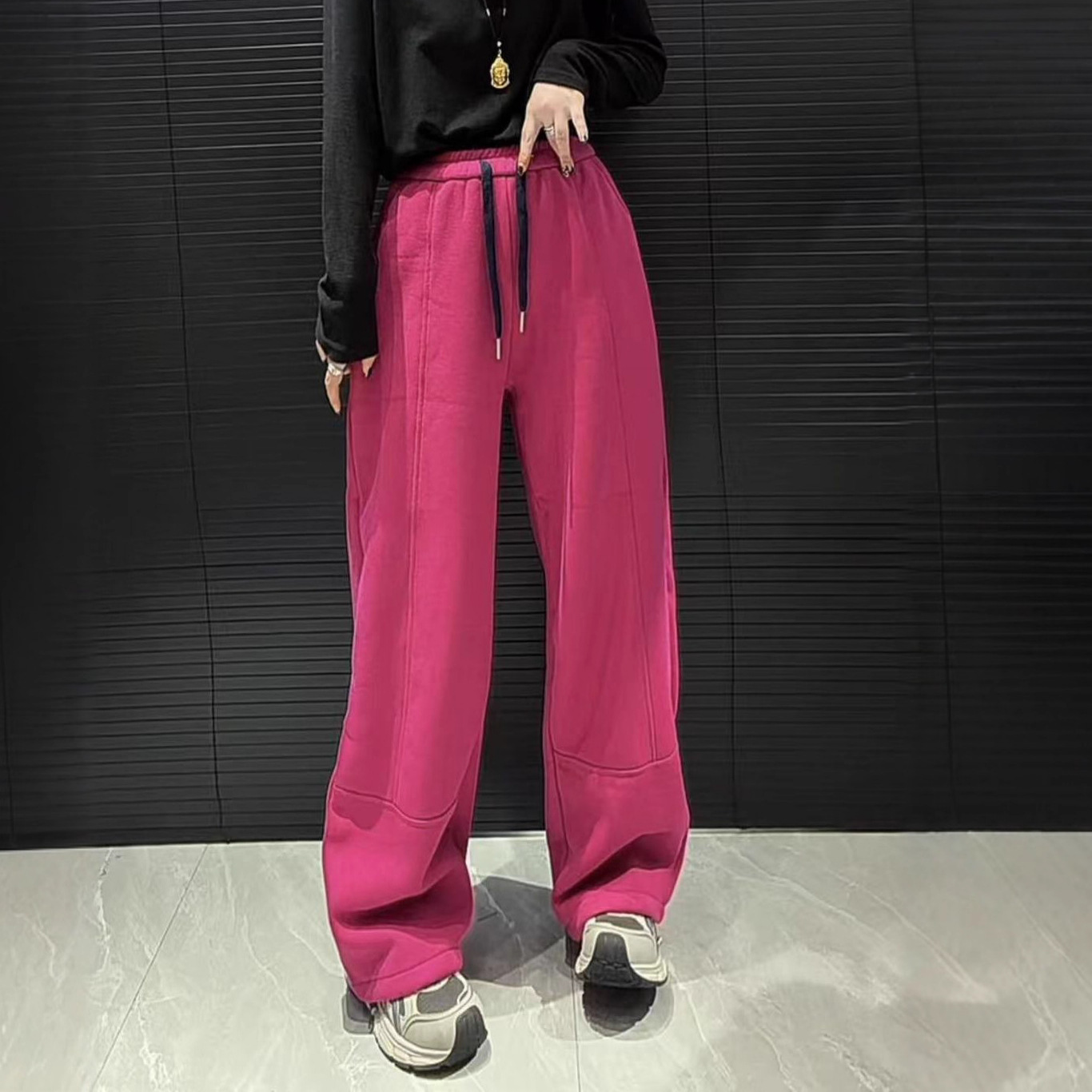 新款韩版时尚宽松休闲松紧腰加绒显瘦简约休闲直筒长裤