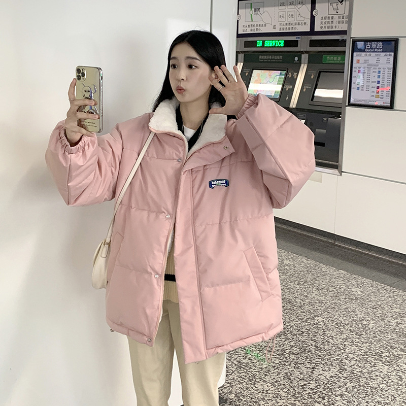 新款女式宽松慵懒风双面穿棉衣冬季日系羊羔绒棉服保暖外套潮|undefined
