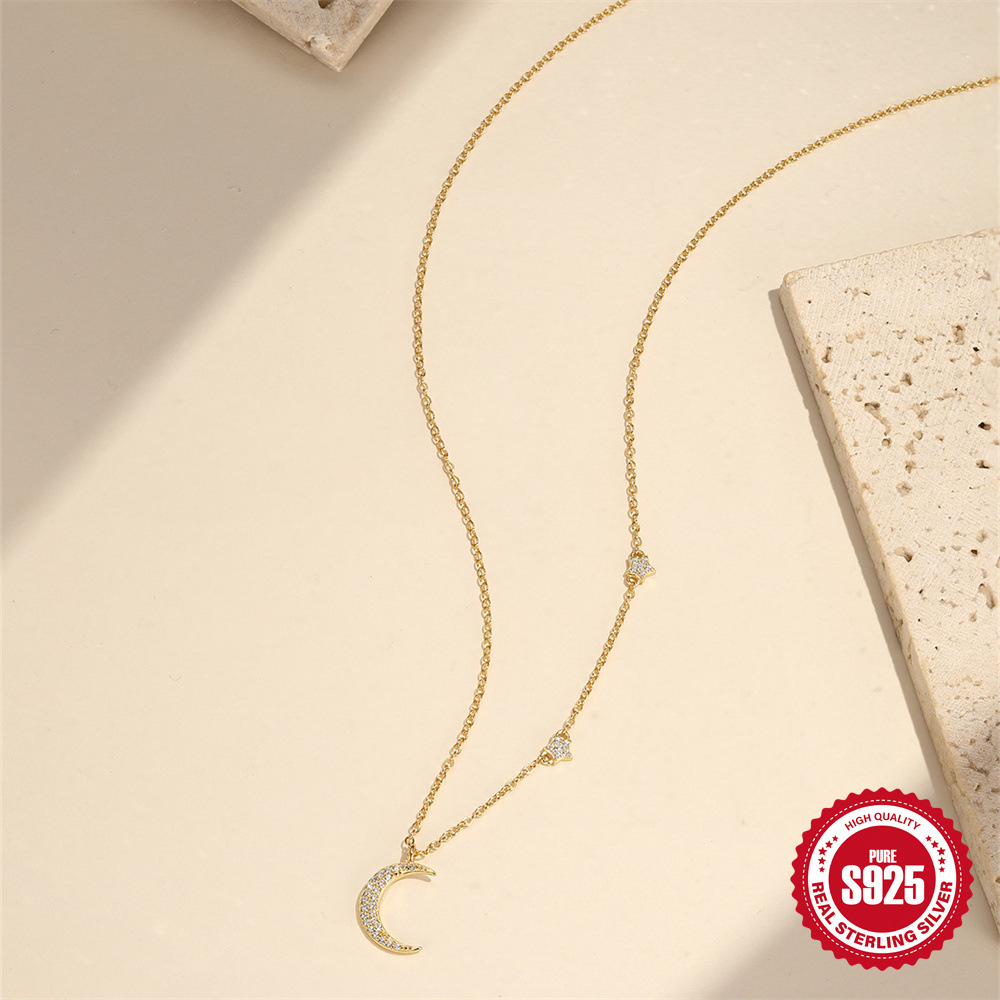 Lujo ligero transfronterizo europeo y americano uso diario de plata de ley s925 salvaje luna de cinco puntas collar de diamantes