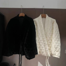 V领系带复古棉衣秋冬保暖棉袄女 真丝丝绒外套棉服中式女款棉衣