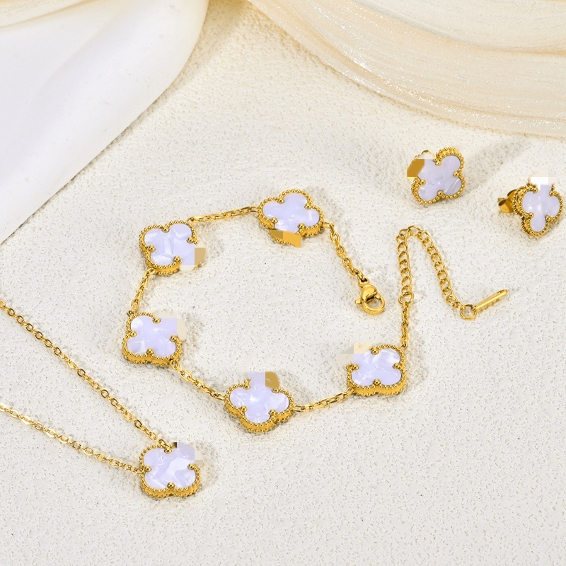 Ins Light Luxury Versatile Four-Leaf Bracelet Necklace Earrings Stainless Steel Gold 18K Electroplated Women's 2025 New Style