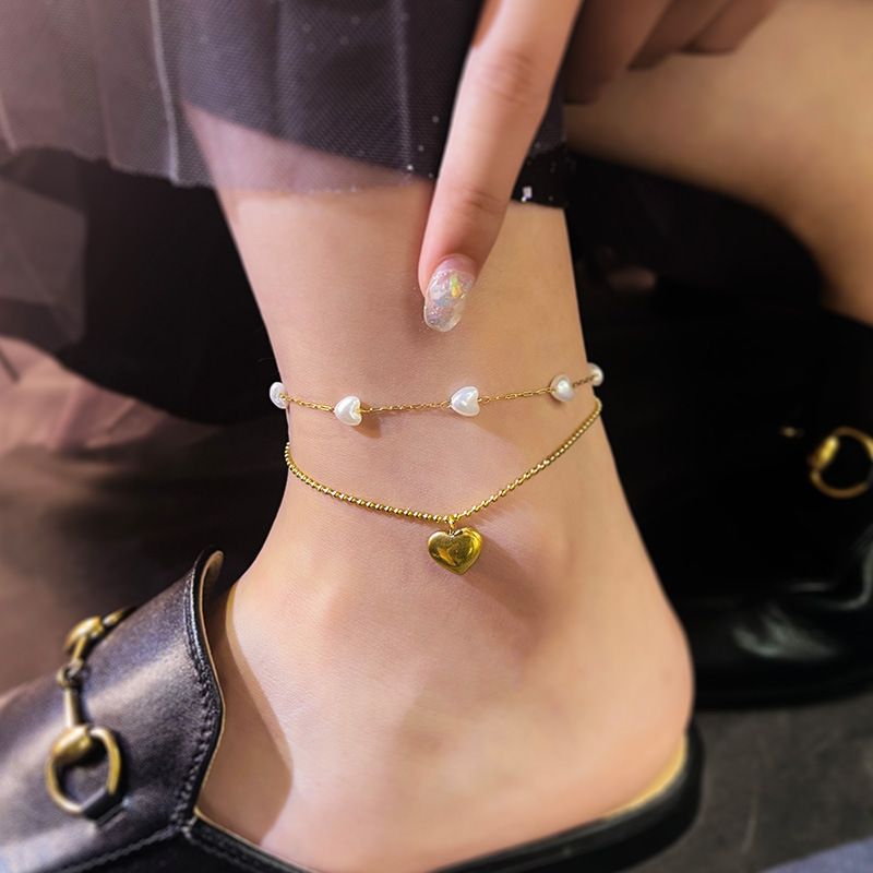 Retro love pearl anklet female sexy double-layer anklet chain simple personalized anklet titanium steel sweet summer jewelry
