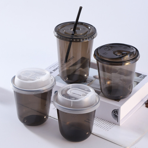 Disposable coffee cup pet cold drink cool black warrior transparent with lid black thickened 500 cup ice American commercial