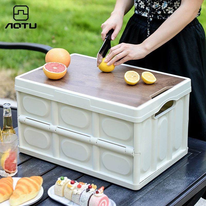 Вогнуто-выпуклый складной ящик для хранения с деревянной крышкой Утолщенный уличный складной ящик Многофункциональный открытый автомобильный ящик для хранения двойного назначения 55 л