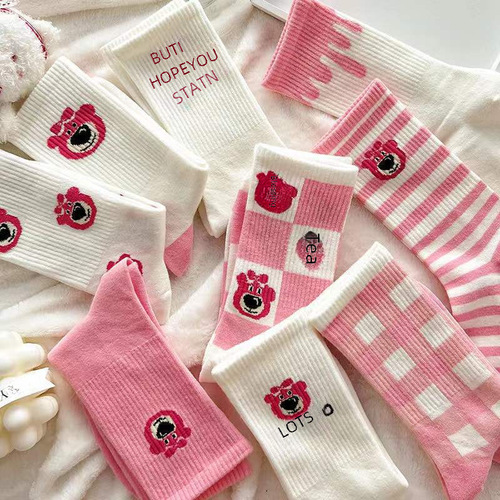 Pink Socks for Girls, Korean Version Mid-Calf, Instagram Trendy, Versatile, Academic Style, Cute, Japanese Cartoon Style, Autumn and Winter Student Socks