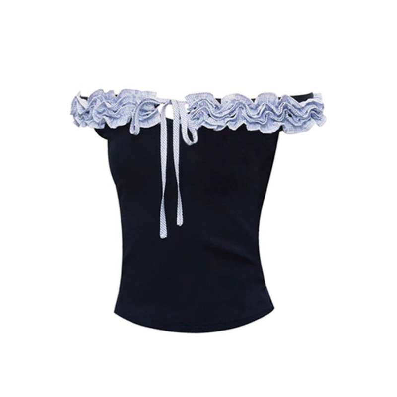 Korean Style Bow Tie One-Shoulder Lace Short-Sleeved T-Shirt for Women in Summer Pure Desire Slimming Look and Beautiful Top Korean Style Bow Tie One-Shoulder Lace Short-Sleeved T-Shirt for Women in Summer Pure Desire Slimming Look and Beautiful Top