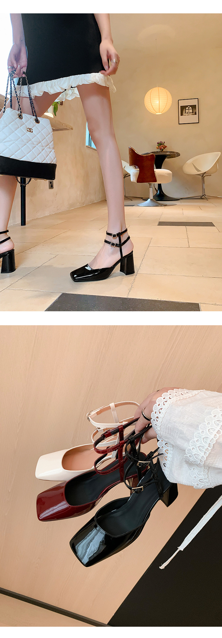 Giày sandal cao gót nữ mũi vuông bít mũi quai ngang gót thô da thật — Màu đen chi tiết 17
