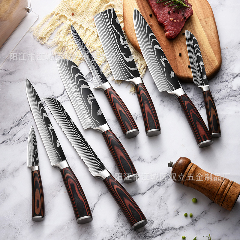 Patrón láser cuchillo de cocina conjunto de 6 piezas yangjiang cuchillo de cocina cuchillo de carne combinación traje cuchillo de regalo conjunto al por mayor