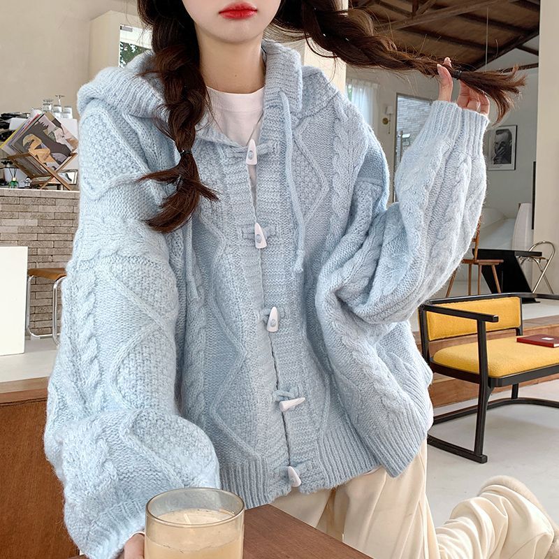2025秋季新款春秋慵懒软糯针织开衫温柔系蓝色连帽毛衣外套女秋冬|undefined