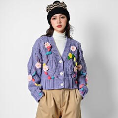 2025春秋新款宽松慵懒风女款针织开衫全手工粗棒针立体花朵毛衣