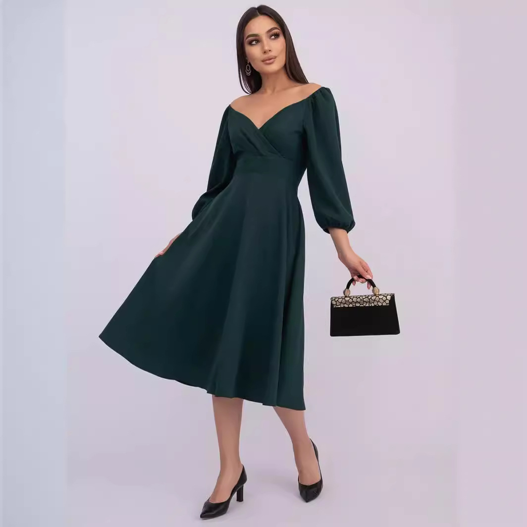 23105 Comercio exterior ropa de mujer estación independiente primavera moda cuello en V cintura apretada puff manga temperamento vestido mujeres con bolsillos