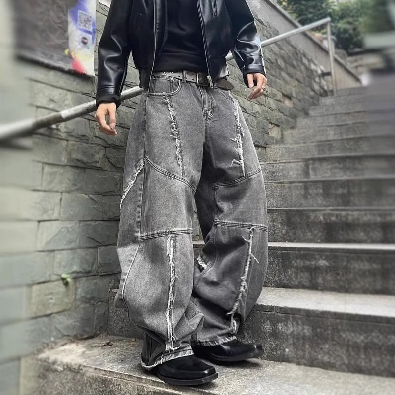 Cross-border tiktok americano retro lavado y jeans desgastados pantalones rectos sueltos de calle con costuras góticas