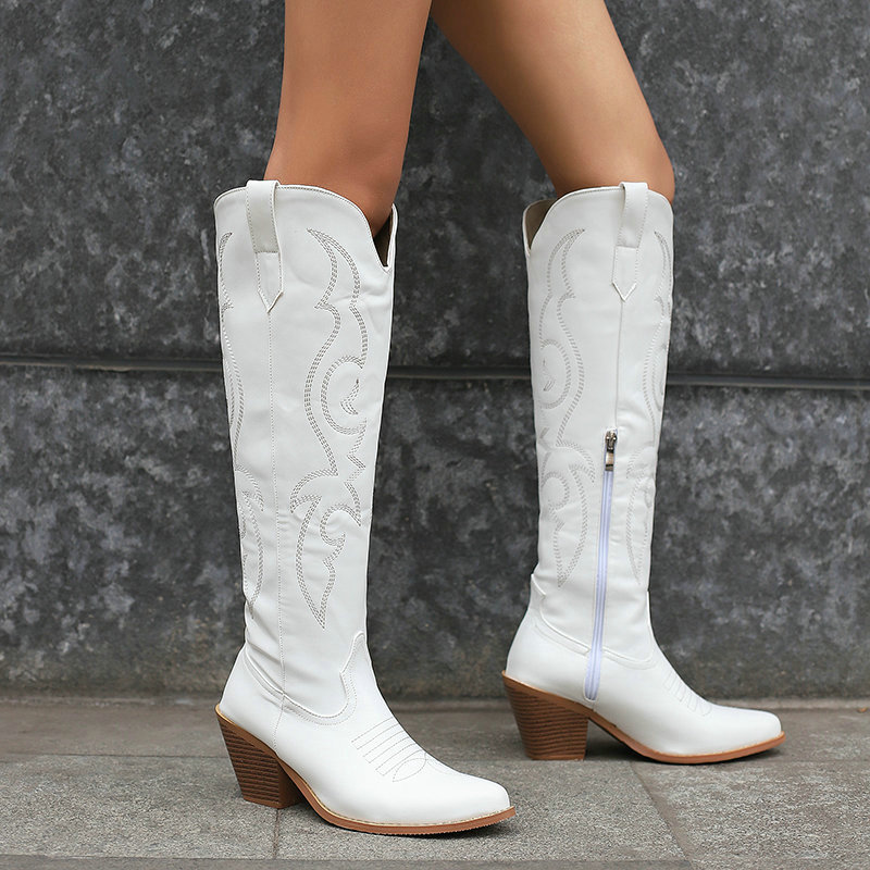 Stivali da cowboy da donna Stivali da cowboy alti e appuntiti da ragazza ricamati, stivali rusticali vintage con tacco spesso e cerniera laterale_voghion.com