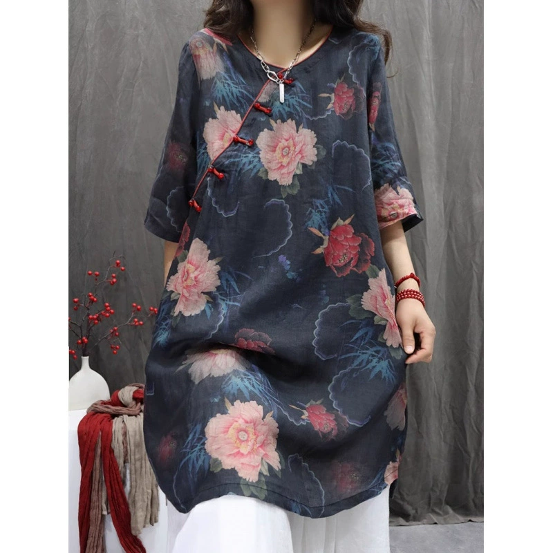 Хлопок и льна женская одежда 2024 лето новый ретро рами принт легкий и дышащий большой выпуск средней рубашки юбка для женщин