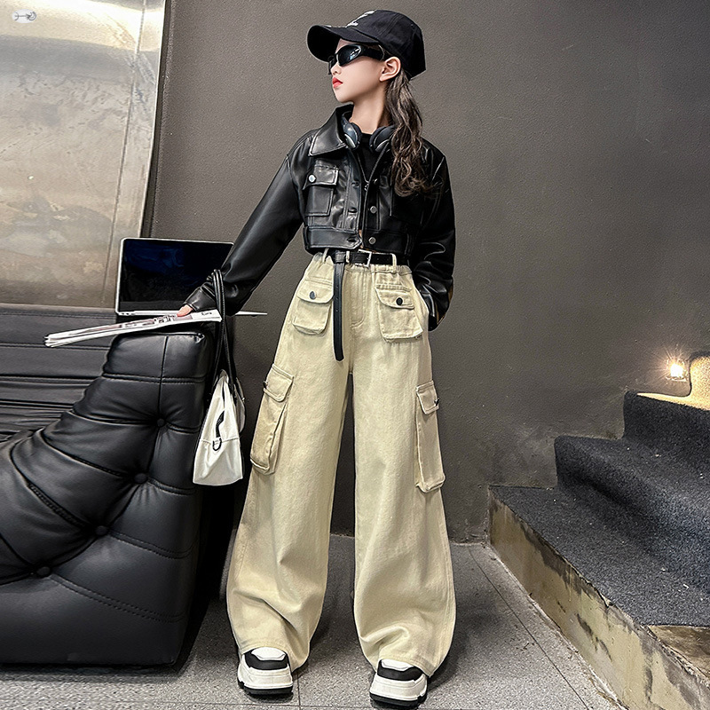 소녀 세트 가을 소녀 조수 쿨 짧은 버즈 세트 PU 가죽 자켓 오버롤 넓은 다리 바지 2 조각 세트 2024