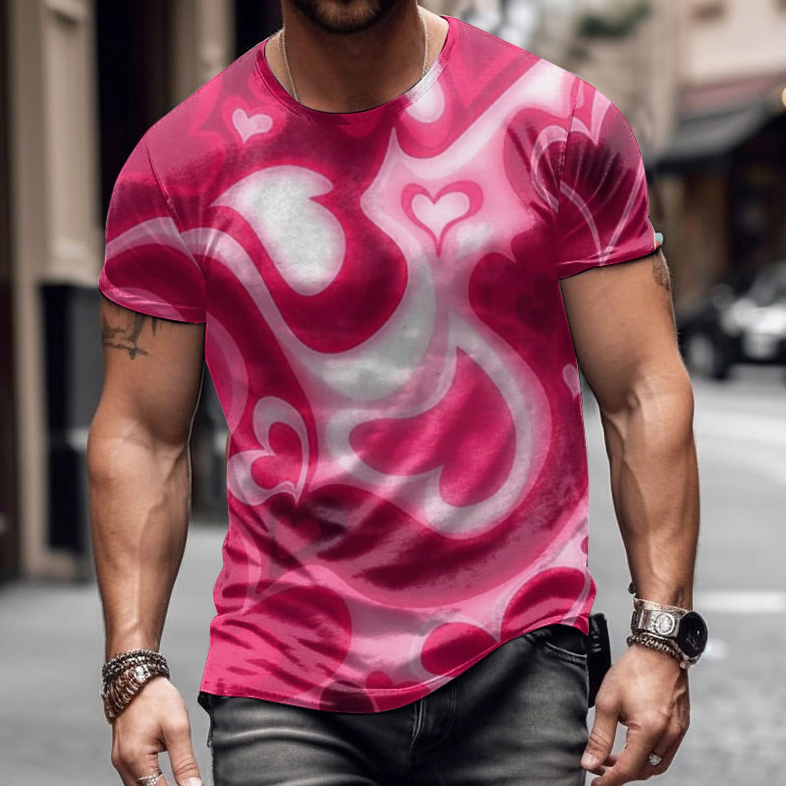 Moda romántica Día de San Valentín colorido amor 3D cepillado lleno de impresión de los hombres calle alta suelta transpirable camiseta de manga corta en stock