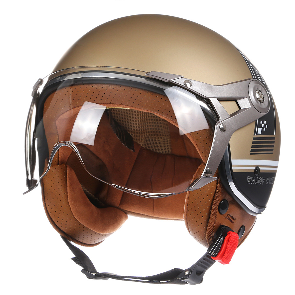 Motosiklet kaskı (dəbilqə) — Motuoche Retro Helmet - matte-black-gold-m57-58