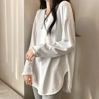 纯棉长袖t恤女中长款开叉叠穿内搭白色加绒小心机打底衫女秋冬潮