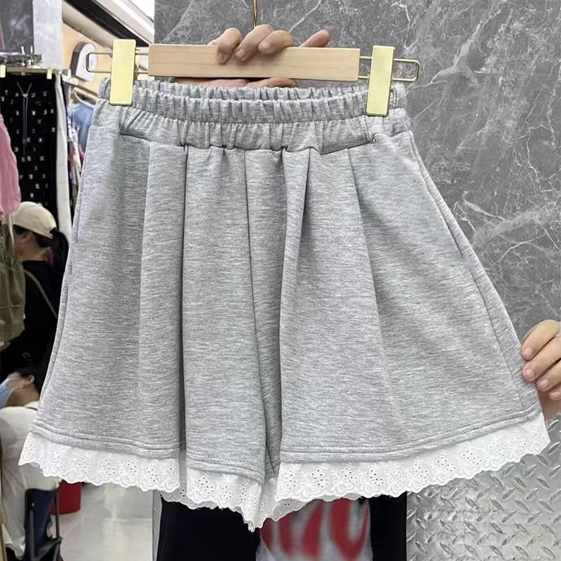 French Retro Lace Wide-Leg Shorts for Students, New Summer High-Waisted Casual Sports Pants for Women, Trendy Outerwear French Retro Lace Wide-Leg Shorts for Students, New Summer High-Waisted Casual Sports Pants for Women, Trendy Outerwear