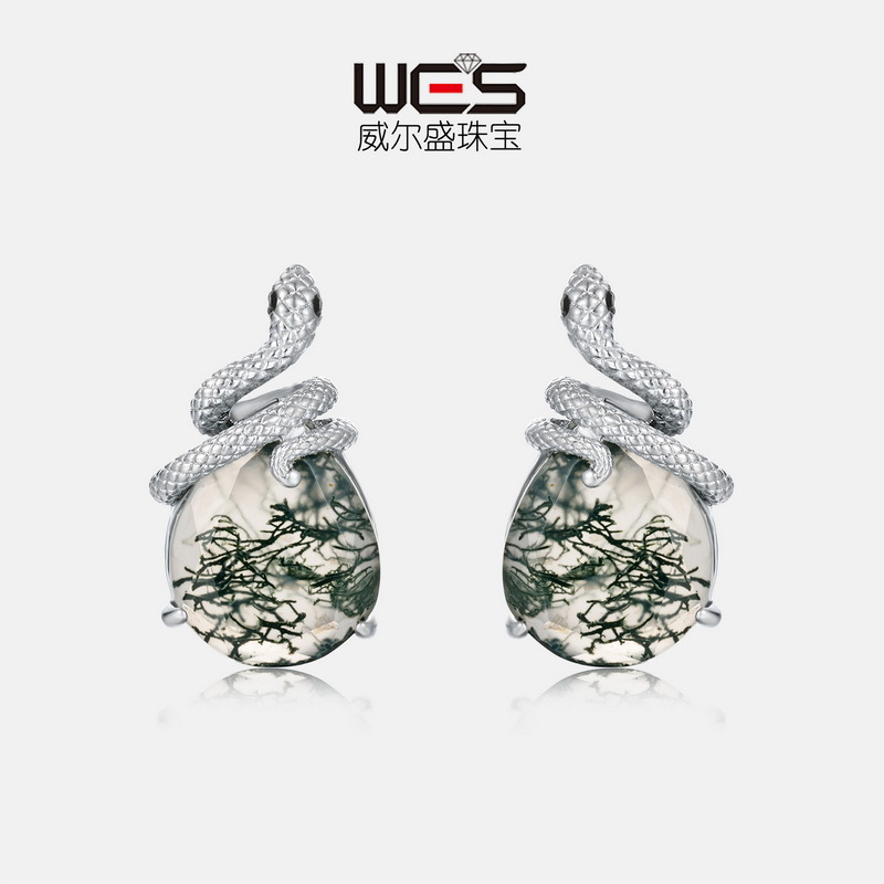 Nueva personalidad transfronteriza europea y americana Pendientes de piedra de musgo verde natural S925 Pendientes de ágata con incrustaciones de plata, todo fósforo