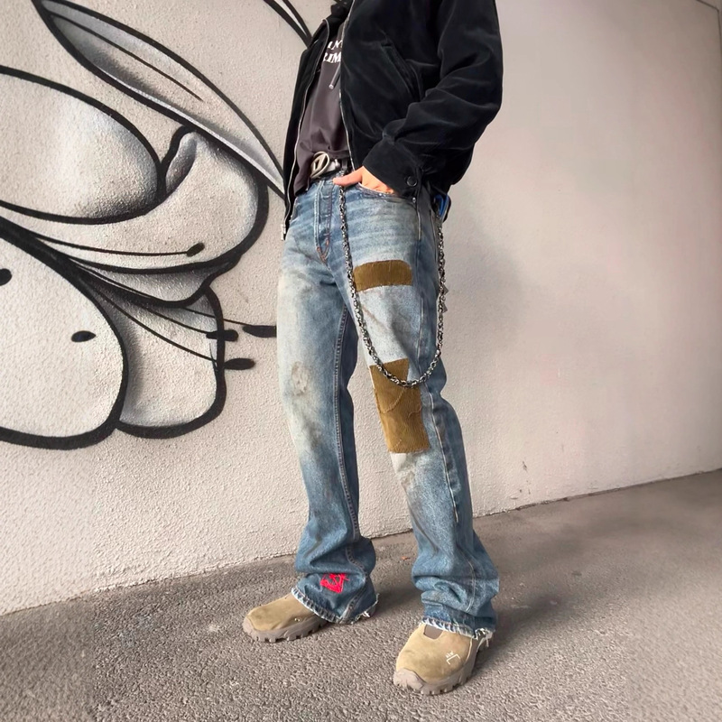 Erd Grjkd Melancholic Rich Second-Generation Patchwork Velvet Burnt Slender Washed Knife-Cut Distressed Jeans