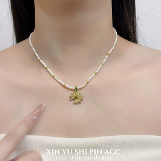 法式复古金色满钻小雏菊珍珠项链轻奢气质精致百搭高级感锁骨链女