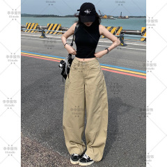 卡其色工装大口袋宽松阔腿牛仔裤女2025年秋季新款高腰显瘦弯刀裤