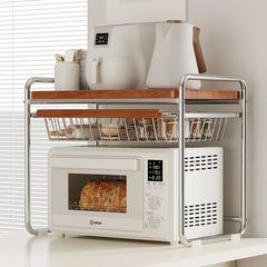 中古风家用微波炉置物架带拉篮厨房台面收纳架电饭煲桌面置物架