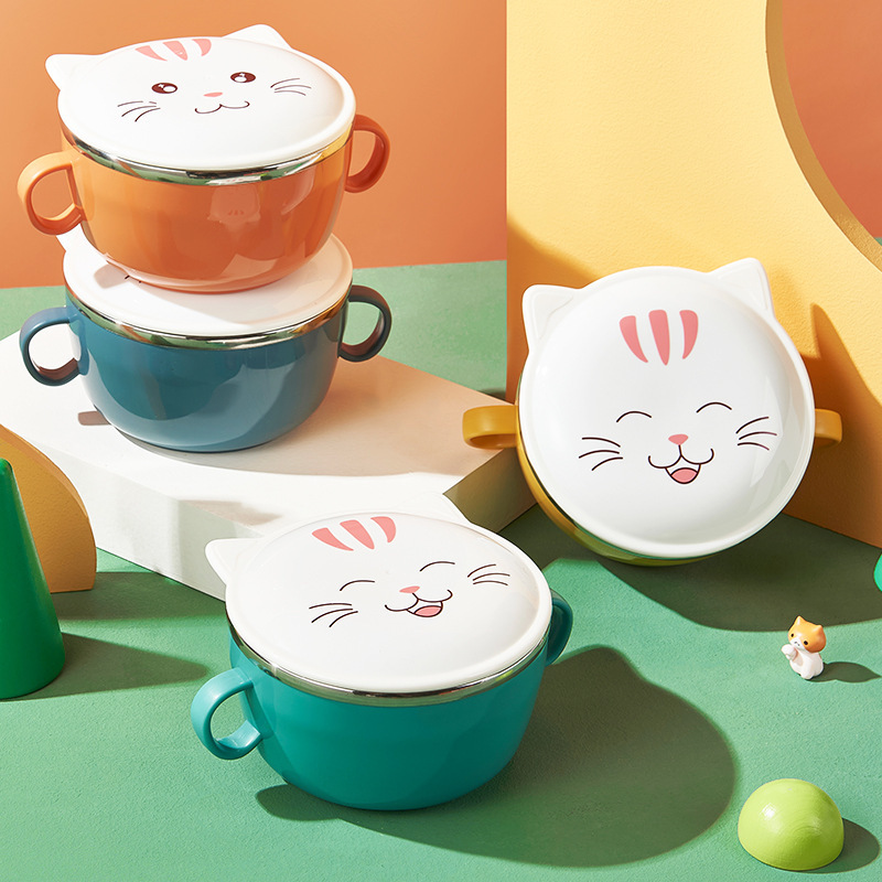 Nordic Creative Cartoon Cat Instant Noodle Bowl with Lid High Temperature Resistant Soup Bowl Household Tableware Student Dormitory Instant Noodle Bowl