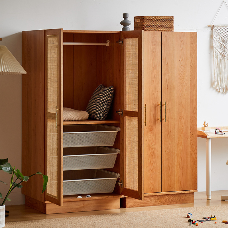Japanese-Style Solid Wood Wardrobe for Home Use in Small Apartments, Bedroom Storage Cabinet, Simple Study Children's Rattan Combination Wardrobe