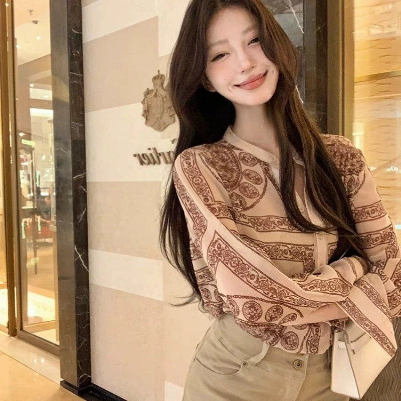 Винтажная шифоновая рубашка-жакет для женщин, летний стиль old money, свободная тонкая рубашка с длинным рукавом для защиты от солнца, свободный топ