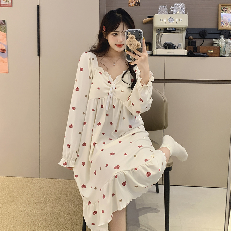 Fábrica directa con cojín de pecho desmontable de ternilla pijama de manga larga primavera y otoño estilo coreano chaqueta dulce ropa larga para el hogar