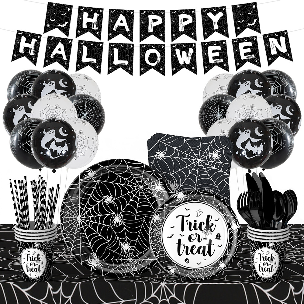 Decoración de fiesta de Halloween transfronteriza tela de araña bandeja de papel desechable taza de papel tabla set de decoración de bandera