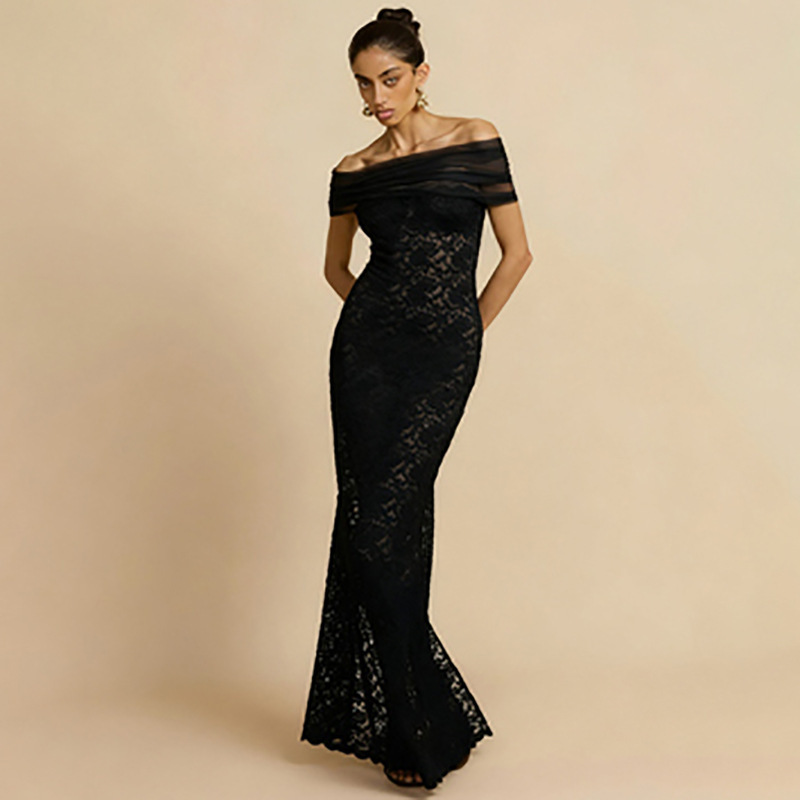 Transfronterizos Europa y América ropa de mujer otoño nuevo hombro perspectiva de encaje sexy tenedor delgado vestido de cadera para mujeres image 4