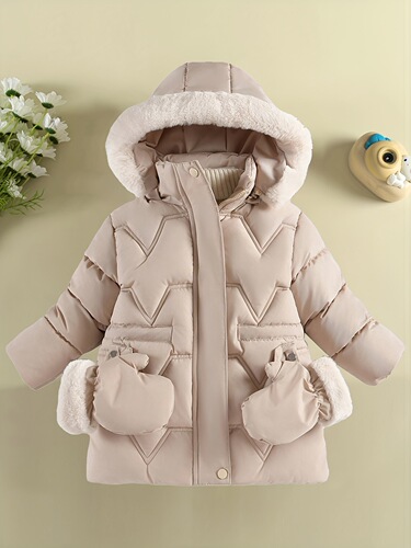 Women's children's snow clothes, small children's monochrome warm outerwear, stylish medium-length coat, cotton warm clothing for autumn and winter, lined inner jacket.
