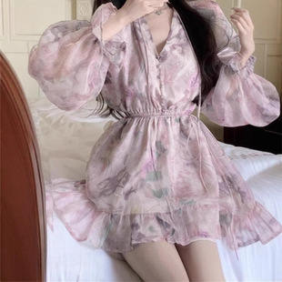 法式氣質橘色泡泡袖短裙連衣裙收腰顯瘦穿搭在逃公主裙生日蓬蓬裙