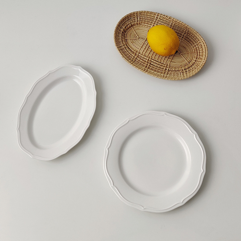 7.5inch Porcelain Plates, French-Style Dinner Plates, French-Style Embossed Dinner Plates, Pure White Ceramic Western-Style Plates, Simple and Beautiful Breakfast Plates