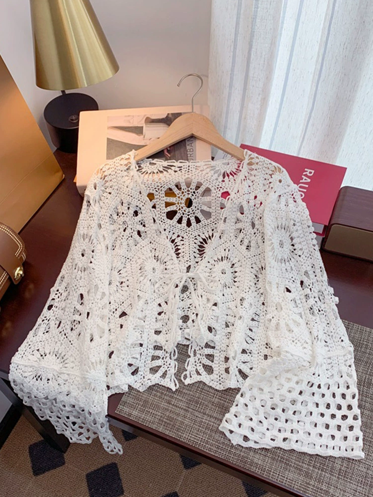 Summer thin knitted sweater, beach long-sleeve, jacket, with embroidery