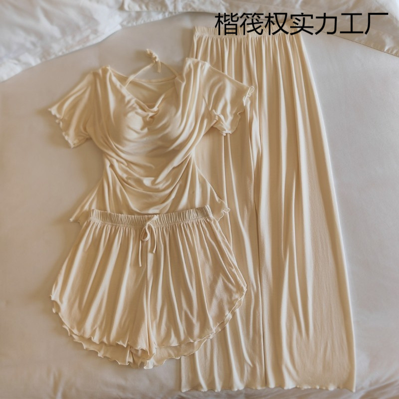 甜美女士睡衣女夏季短袖带胸垫一体感可外穿家居服套装涤纶