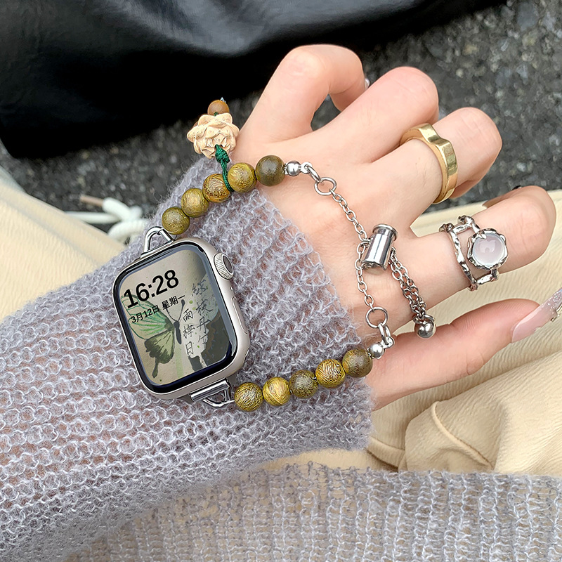 For Huawei Watch Fit3/2 Strap Retro New Chinese Green Sandalwood Beaded Bracelet Rope Huawei Watch Wrist