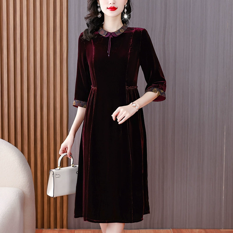 Свадебное платье для свекрови 2024 осень и зима новый элегантный темперамент тонкое золотое бархатное бордовое красное платье