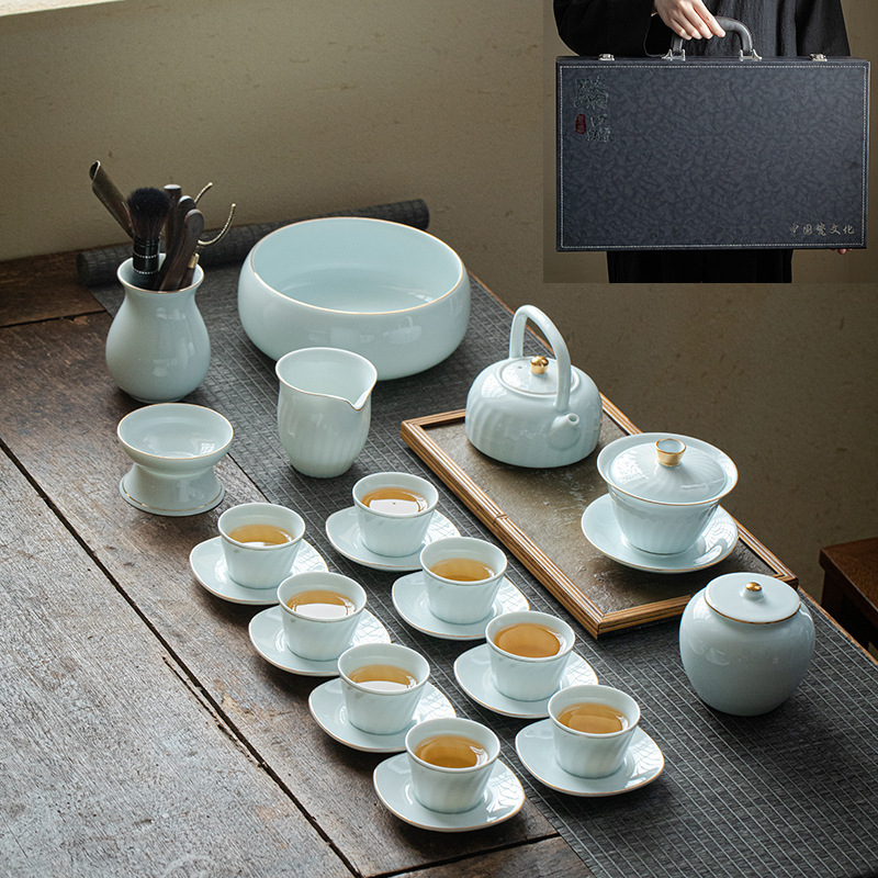 ギフト工夫茶器セット卸売り家庭用ロゴ蓋碗提梁壺開業徳化陶磁器茶器セット|undefined