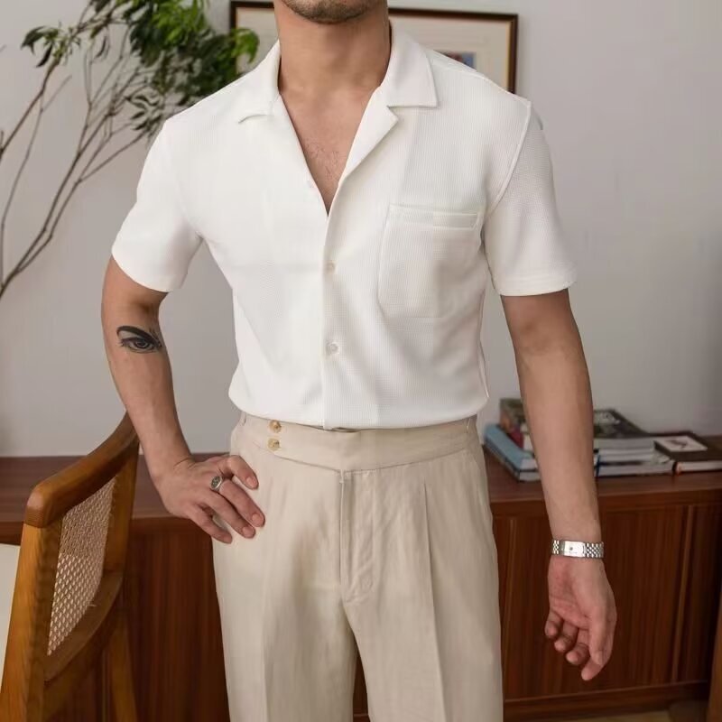 Ice Silk Waffle Cuban Collar Short-Sleeved Shirt Men's Summer Half-Sleeved Shirt Thin Business Casual One-Piece Drop Shipping
