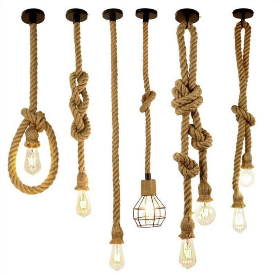 Sostenedor de la lámpara de cuerda de cáñamo de la vendimia colgante de alambre de estilo industrial titular de la lámpara de color natural E27 tornillo titular de la lámpara restaurante Cafe Lámpara decorativa