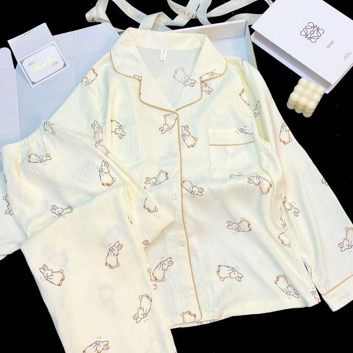 Al por mayor transfronterizo de otoño pantalones de mangas largas cardigan con collar nubes pijamas de algodón para mujeres explosión dulce dibujos animados set de ropa para el hogar