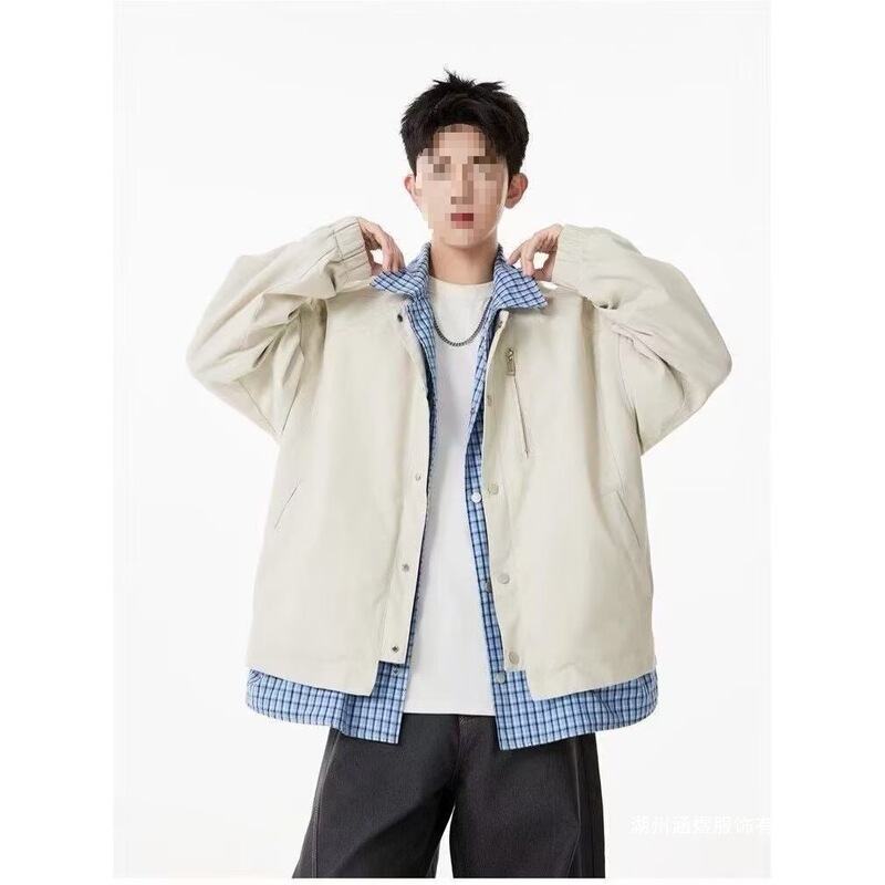 American retro cleanfit faux two-piece flannel shirt with patchwork lapel flight jacket for men and women, suitable for spring and autumn